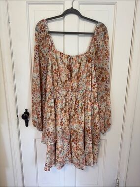 ARULA Floral Peasant Dress in Cream, Rust & Sage